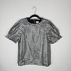 J.Crew Metallic Gingham Checkered Puff Sleeve Blouse Top Boxy Dressy Medium